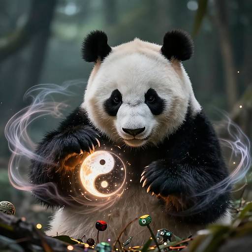 Photorealistic digital art of a panda in a forest, holding a glowing yin-yang orb with swirling smoke, surrounded by mushrooms and forest floor
