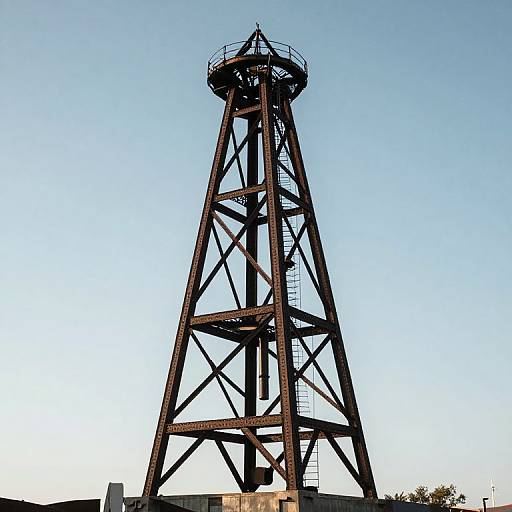 Photograph of a tall, black, rusty steel water tower with a circular top platform, set against a clear blue sky.