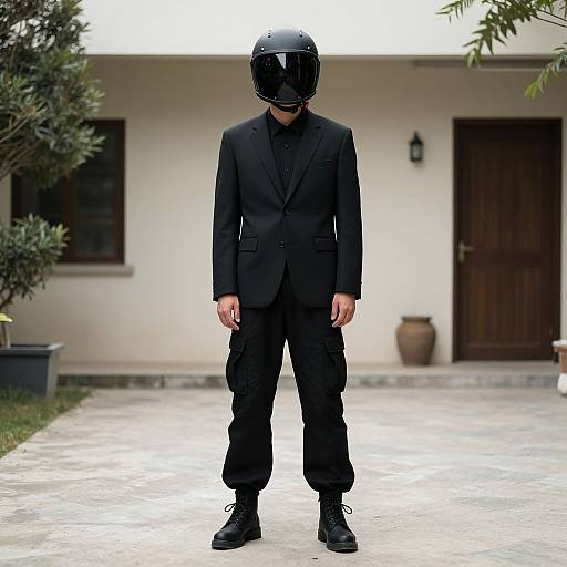 Photograph of a man in a black suit, black boots, and helmet, standing in a courtyard with white walls, green plants, and a brown