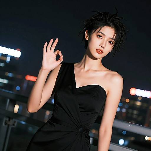 Woman in Black Dress with Short Dreads at Night