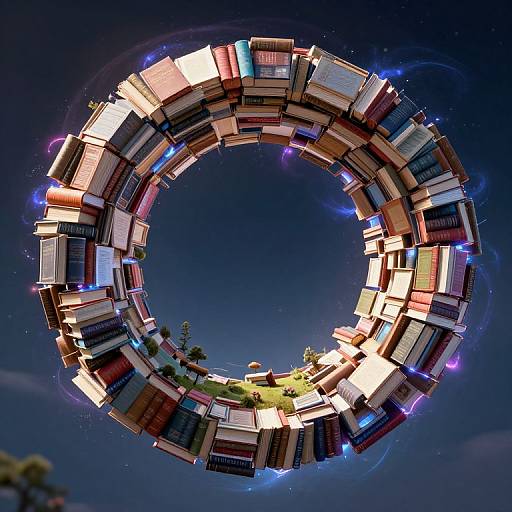 Photorealistic CGI of a circular, glowing, multi-colored bookshelf orbiting a starry night sky, with small green trees at its base.