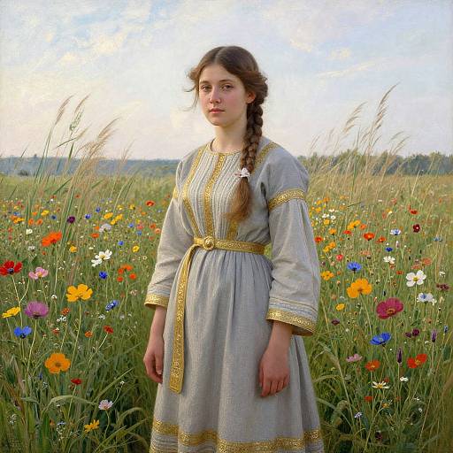Young woman with braided brown hair in a light gray, gold-trimmed dress stands in a vibrant wildflower field at sunset. Photorealistic