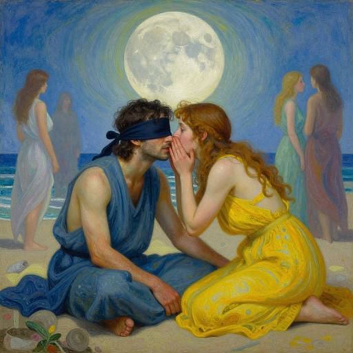 Neo-classical painting of a blindfolded man in blue and a red-haired woman in yellow, kissing under a full moon on a beach, surrounded