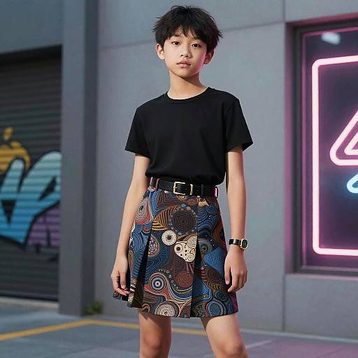 Photograph of an Asian teenage boy with short, messy black hair, wearing a black t-shirt, colorful patterned skirt, and black belt, standing