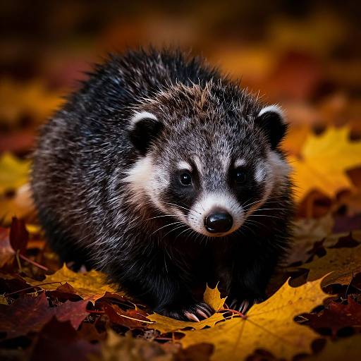 Photograph of a cute, black and white European badger with striking white face markings, standing on vibrant autumn leaves in a forest.