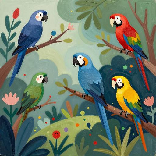Colorful Parrots in Abstract Garden