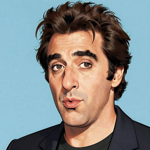 Digital portrait of a man with dark, wavy hair, light skin, brown eyes, and a neutral expression, wearing a black shirt, against a