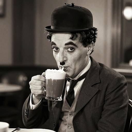 Black-and-white photograph of a man in vintage attire, including a bowler hat, suit, and bowtie, sipping from a frothy mug