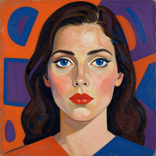 Vibrant digital painting of a woman with blue eyes, red lips, and dark brown hair, set against an orange and blue abstract background. Bold