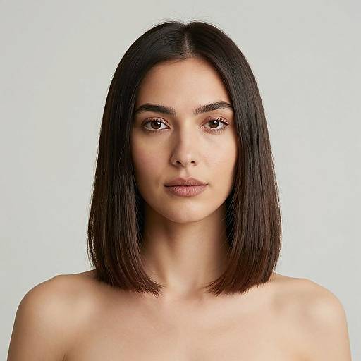Photograph of a young woman with straight, shoulder-length black hair, fair skin, and neutral expression, against a plain white background. She is top