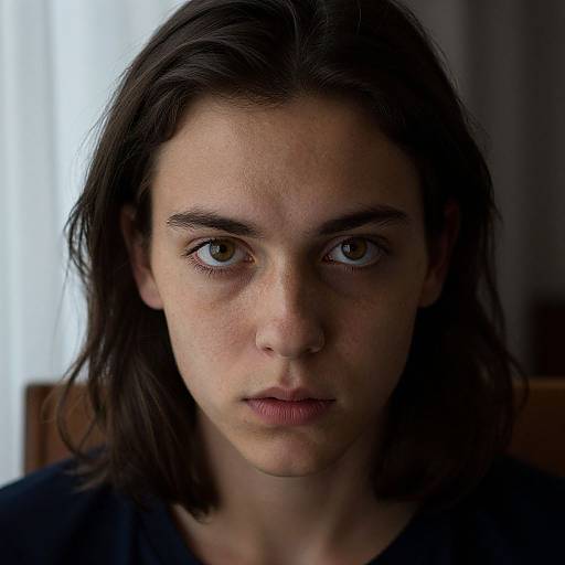 Close-up photograph of a young woman with fair skin, dark brown shoulder-length hair, and intense green eyes, wearing a dark shirt, against a softly