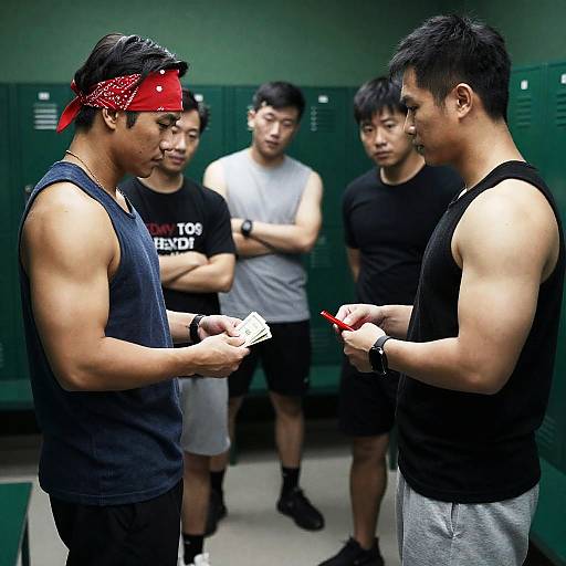 Muscular Men Counting Money in Locker Room