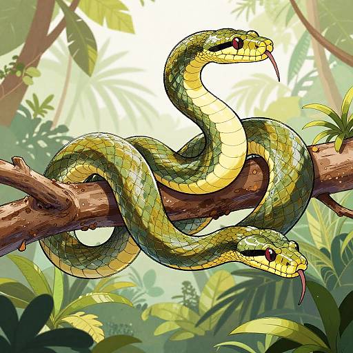 Digital artwork of a vibrant green and yellow snake with red eyes and forked tongue, coiled on a tree branch in a lush, sunlit jungle