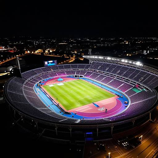 Aerial photograph of a brightly lit, empty stadium at night with colorful field lights, vibrant green grass, and surrounding dark cityscape.
