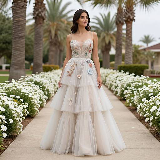 Elegant Woman in Embroidered Tulle Dress