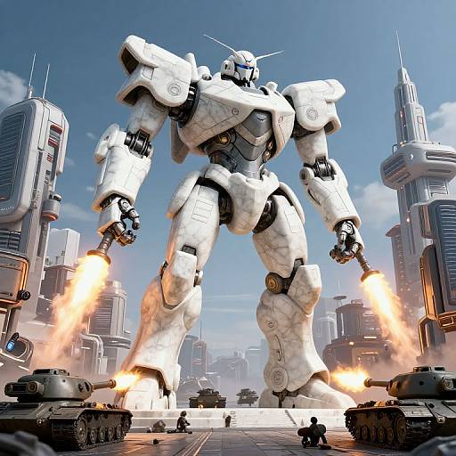CGI image of a massive white mecha robot with glowing eyes, firing energy beams, standing in a cityscape with tanks and skyscrapers.