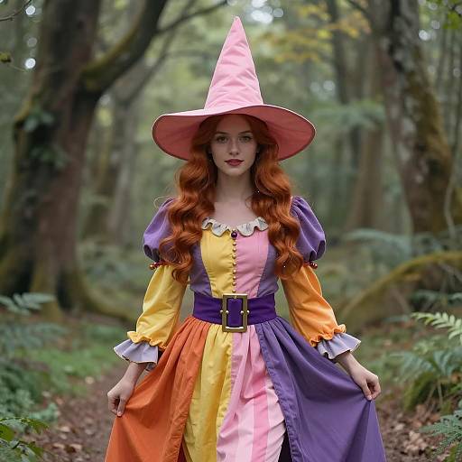 Young Woman in Colorful Wizard Costume in Forest