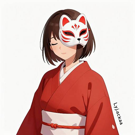 Young Woman in Fox Mask Illustration