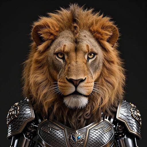 Digital artwork of a regal lion with a golden mane wearing intricate, shiny medieval armor, set against a dark black background.