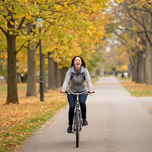Photograph of a smiling woman with long brown hair, wearing a gray vest and blue jeans, riding a bicycle on a tree-lined autumn path.