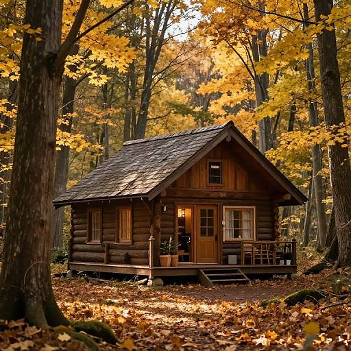 Photograph of a cozy wooden cabin with a shingled roof nestled in an autumn forest, surrounded by vibrant yellow and orange leaves, and dapp