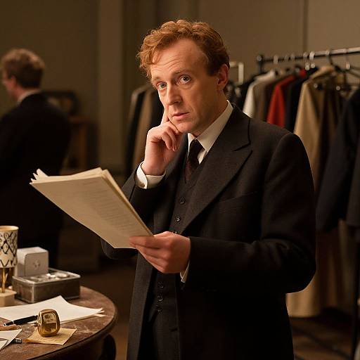 Photograph of a thoughtful, red-haired man in a black suit, reading a document in a dimly lit clothing store.