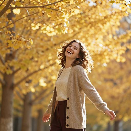 Photograph of a smiling woman with wavy brown hair, wearing a beige cardigan and black skirt, standing in a sunlit autumn alley with vibrant