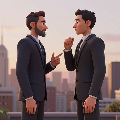 Digital 3D animation of two handsome, bearded men in black suits standing on rooftop, city skyline background, one pointing, other smiling.