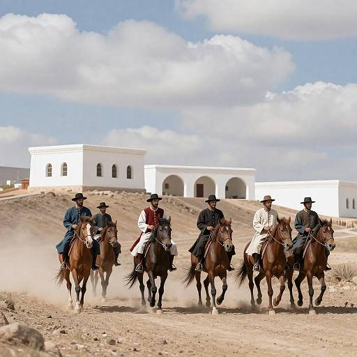Traditional Riders Ascending a Dusty Hill
