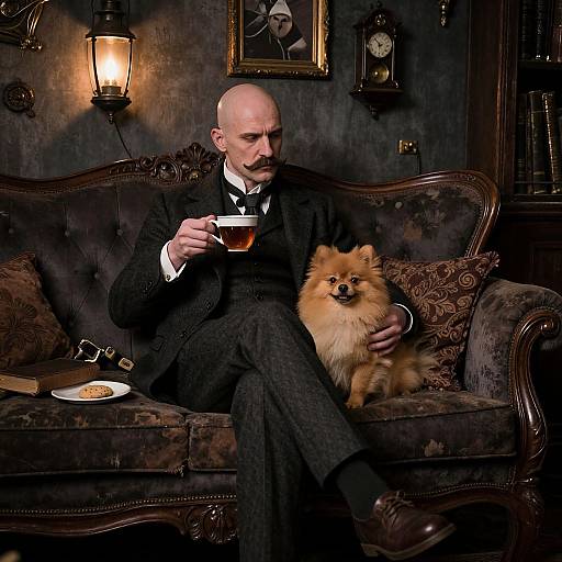 Photograph of a bald man in a black suit, sipping tea, with a fluffy Pomeranian, seated on a velvet sofa in a dim