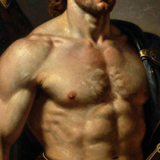 Photograph of a muscular, shirtless man with light skin, defined abs, and small nipples, partially obscured by dark, shadowy background.