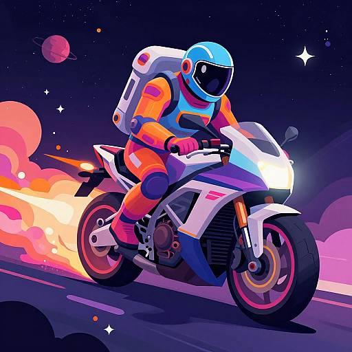 Brightly colored astronaut riding a white sports motorcycle with flames, against a starry, planetary background. Digital art with bold, vibrant hues.