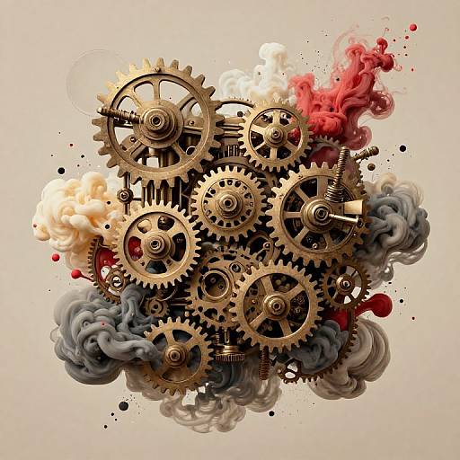 Digital art of intricately layered golden gears, surrounded by swirling red, white, and gray smoke-like clouds, creating a dynamic, industrial, steamp