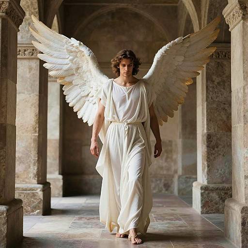 Photograph of a young, curly-haired man with large, white angel wings, wearing a flowing white toga, walking down a sunlit, stone