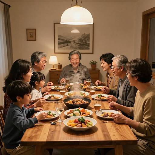 Photograph of a happy Asian family of eight sitting around a wooden dining table, sharing a meal, with warm lighting and homely decor.