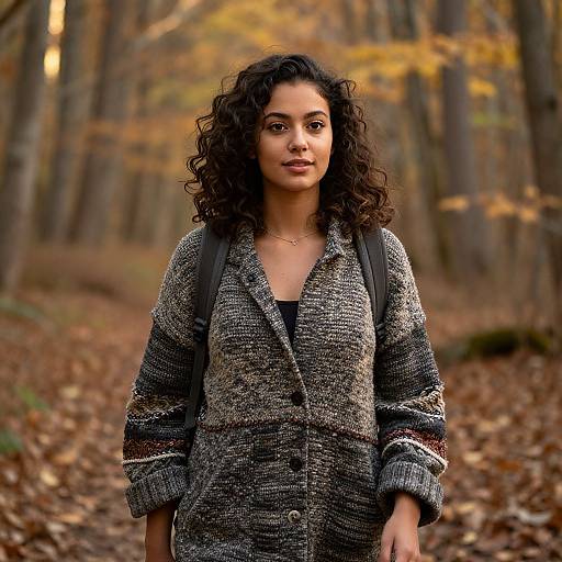 Photograph of a curly-haired woman with medium brown skin, wearing a gray, patterned coat and black backpack, standing in a leaf-covered autumn forest