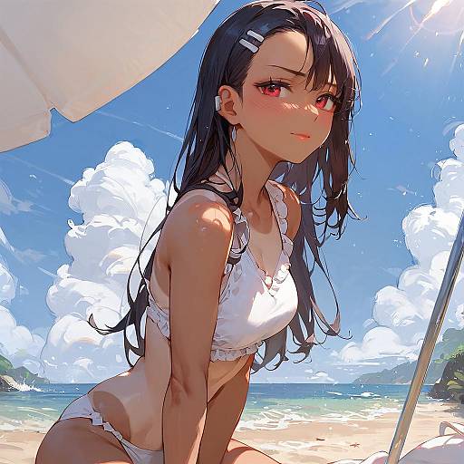 Embarrassed Beach Girl in White Bikini