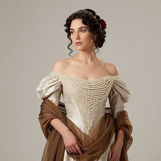 Photograph of a pale-skinned woman with curly black hair, wearing an off-shoulder, cream-colored gown with beadwork, and a brown