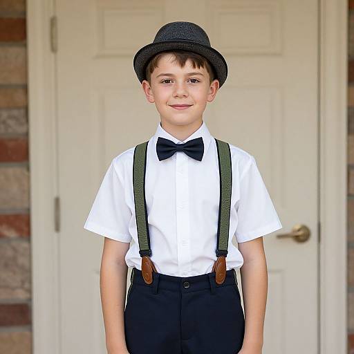 Photograph of a young boy with fair skin, brown hair, wearing a black bowler hat, white shirt, black bowtie, green suspenders