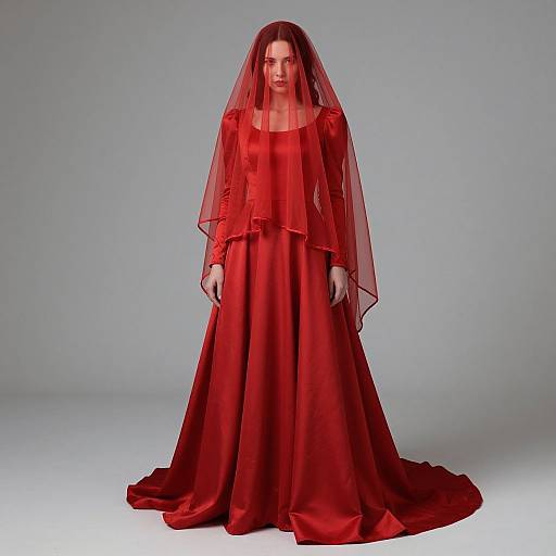 Photograph of a pale-skinned woman in a floor-length, long-sleeved, red satin gown with a sheer, red veil, standing against