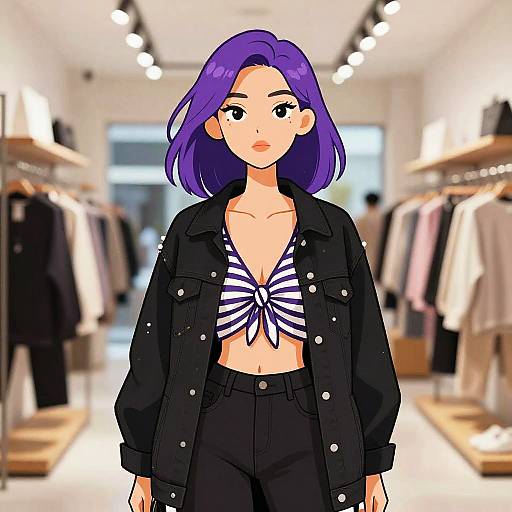 Digital anime-style drawing of a woman with purple hair, wearing a black jacket, striped tied top, and black pants, standing in a brightly lit clothing