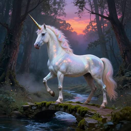 Digital painting of a glowing white unicorn with a pink mane and horn, walking over a mossy stream in a mystical forest at sunset.