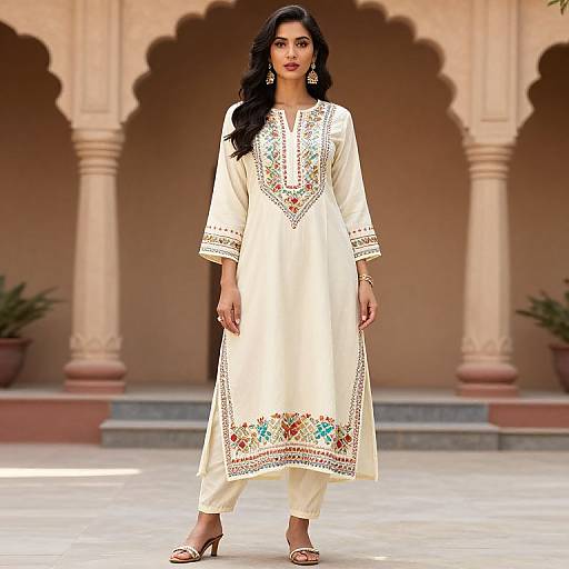Photograph of a dark-haired woman in a white embroidered Pakistani kameez, standing in front of a beige archway with potted plants.
