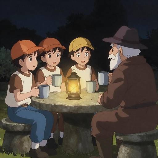 Anime Boys Gathered Around a Lantern