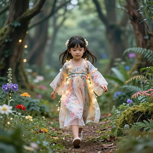 Whimsical photograph of a young Asian girl with black hair, floral dress, flower crown, fairy lights, walking through a magical forest path with vibrant
