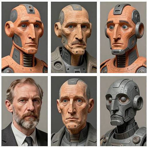 Photographic collage of six close-ups: five orange, robotic, humanoid heads with detailed textures, and one grey, mechanical head, alongside a middle-aged