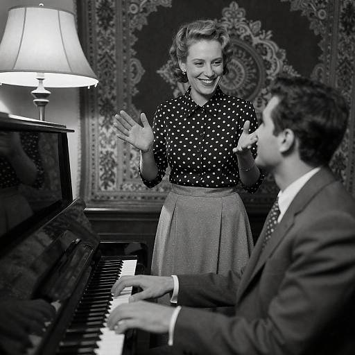 Joyful Duo by the Piano: Vintage Scene