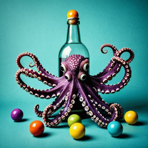 Surreal Octopus with Colorful Balls and Bottle