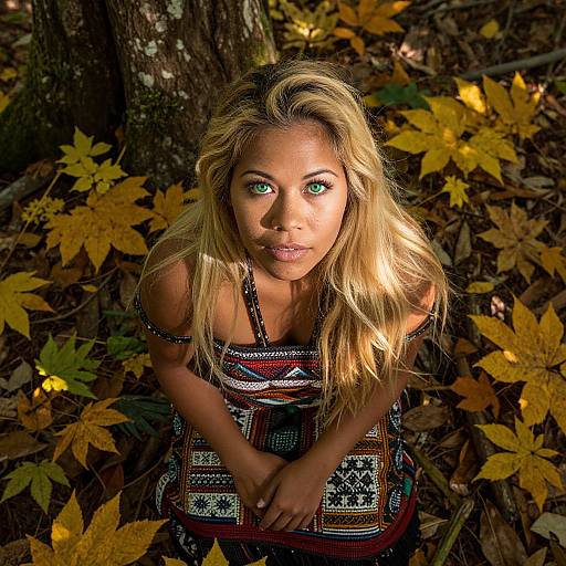 Photograph of a blonde, green-eyed woman with wavy hair, wearing a colorful patterned dress, standing among yellow autumn leaves, leaning slightly forward