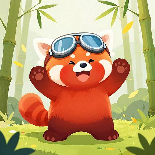 Cute cartoon red panda with goggles, arms raised, smiling joyfully in bright bamboo forest, surrounded by yellow leaves. Digital art.